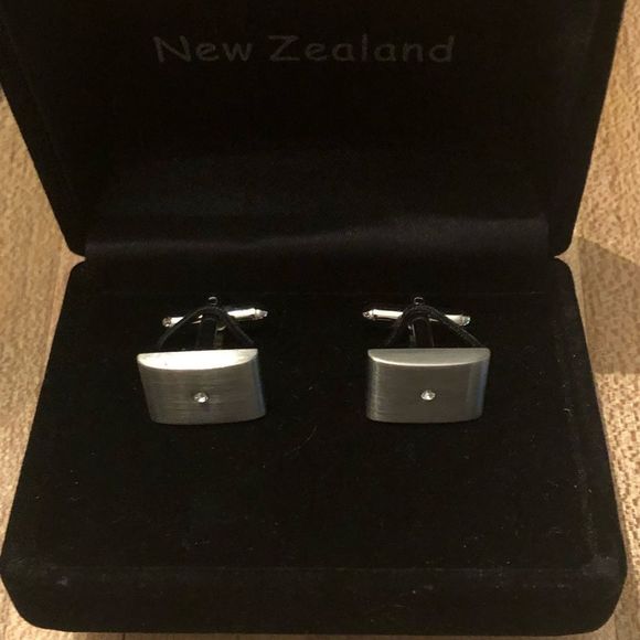 Brushed Silver Cuff Links, Bullet Back with Diamond-like Stone, NWOT - Picture 2 of 4